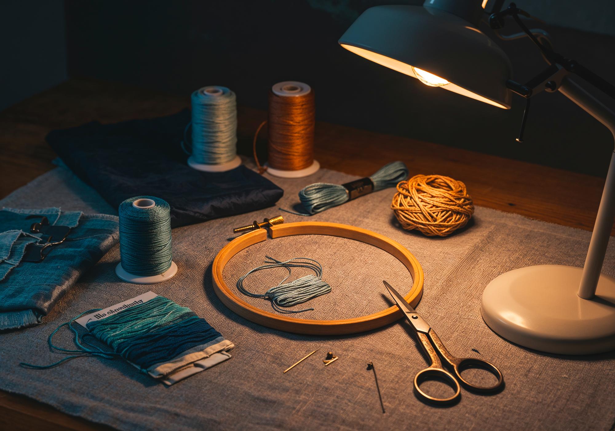 studio workbench with threads and hoops